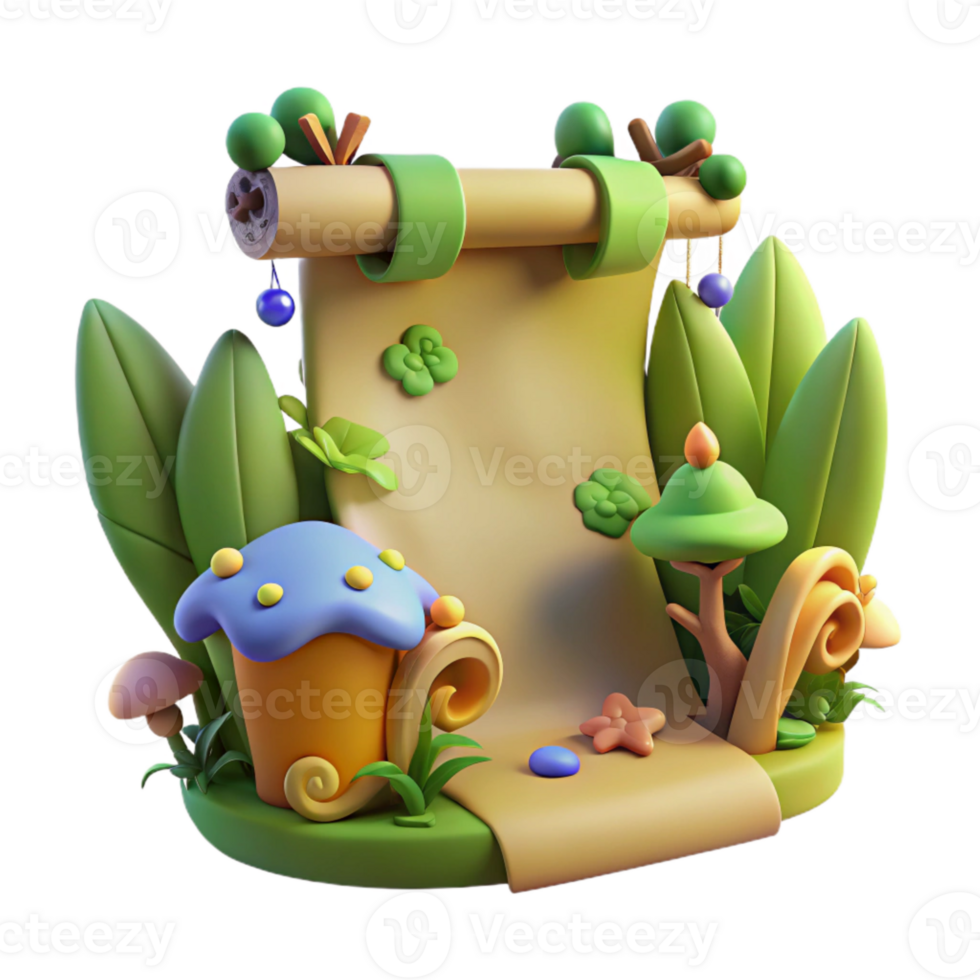 3D Cartoon Scroll with Forest Elements png