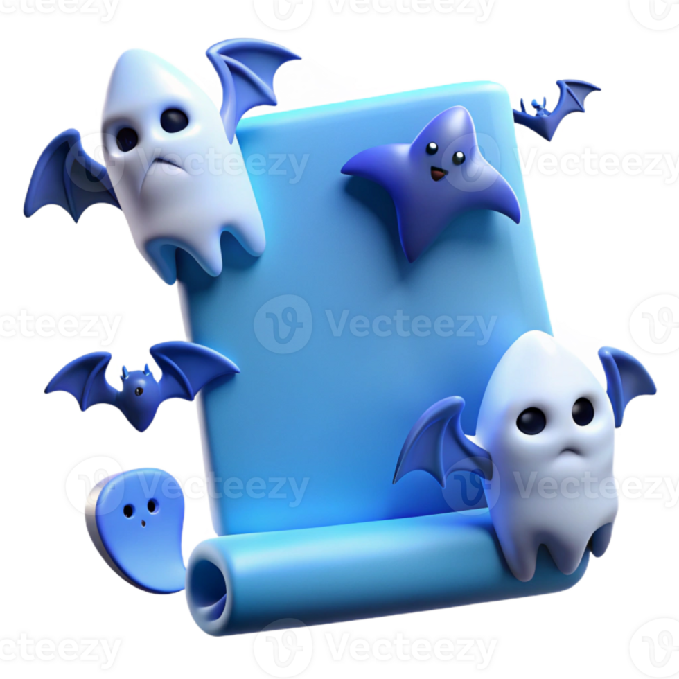 Cute Halloween Ghost and Bat Characters with Blue Background png