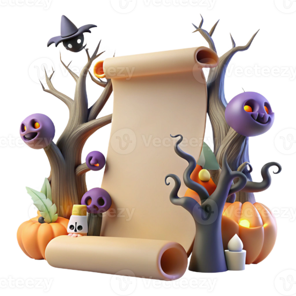 Halloween Scroll with Spooky Trees and Pumpkins png