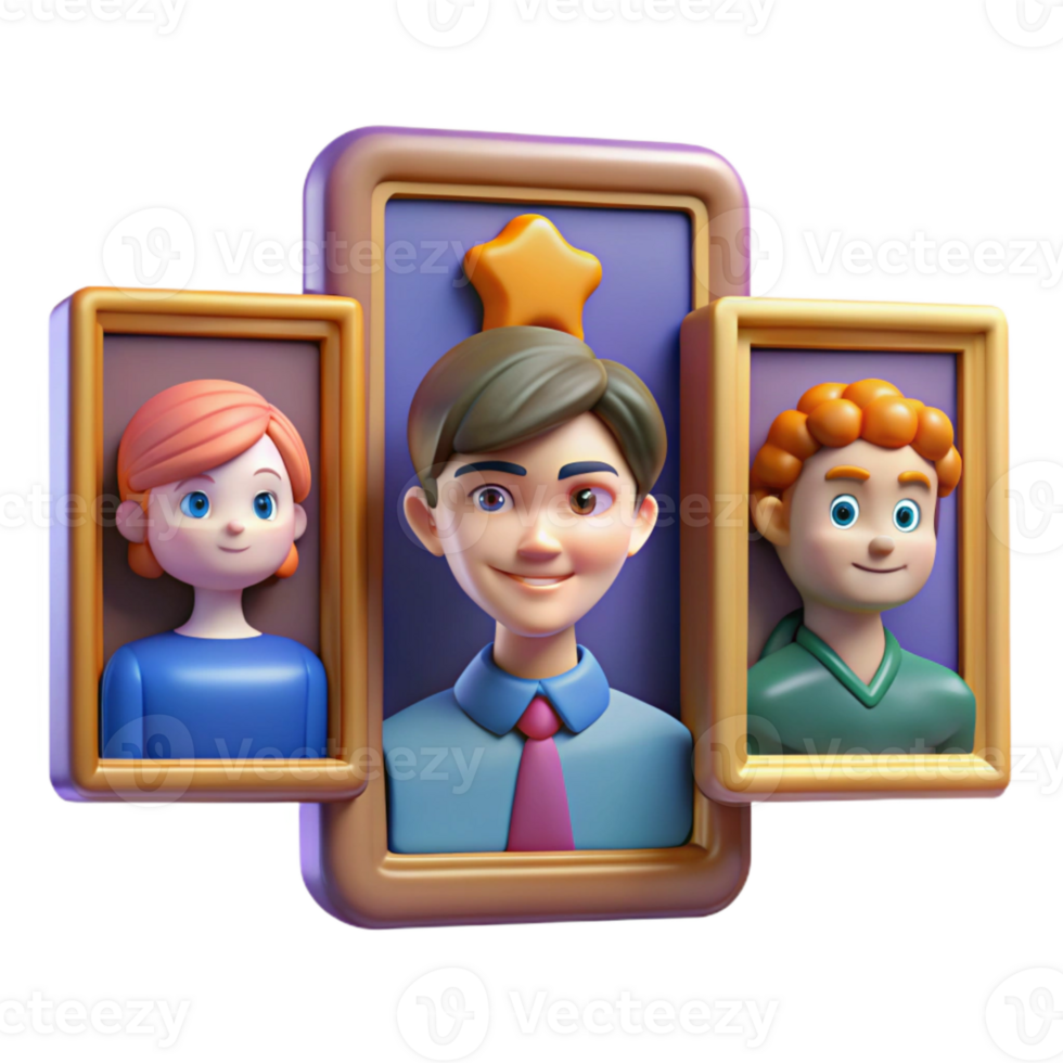 Three Cartoon Characters in Golden Frames png