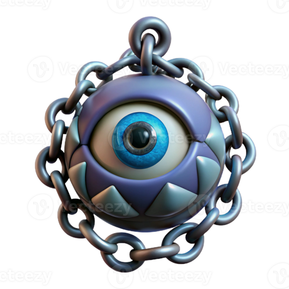 3D Render of a Glowing Blue Eye Orb with a Metal Chain png
