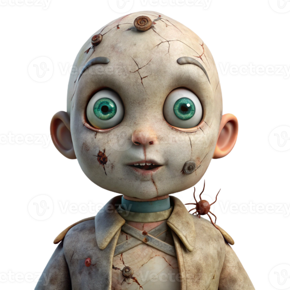 Creepy 3D Render of a Doll with Stitches and a Spider png