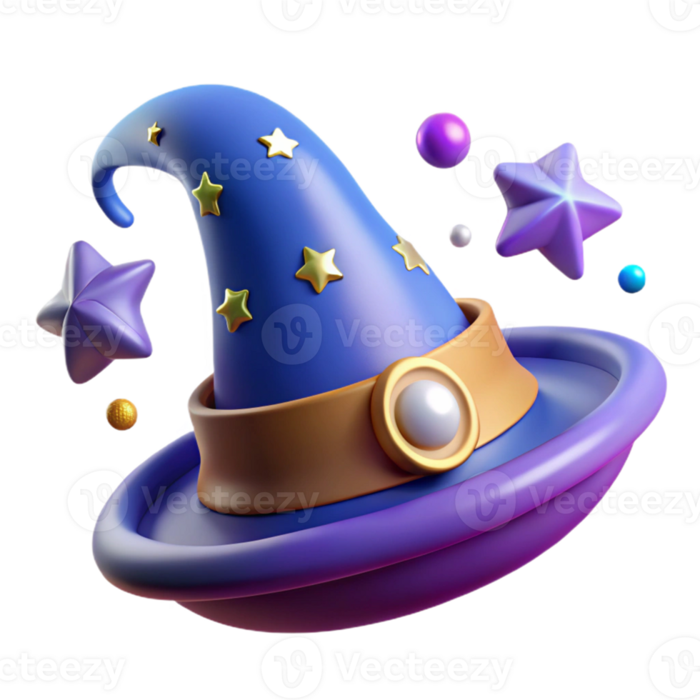 3D Rendered Wizard Hat with Stars and Floating Orbs png