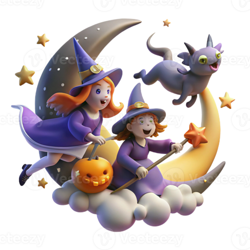 Cute Witches Flying on Crescent Moon with Dragon and Stars png