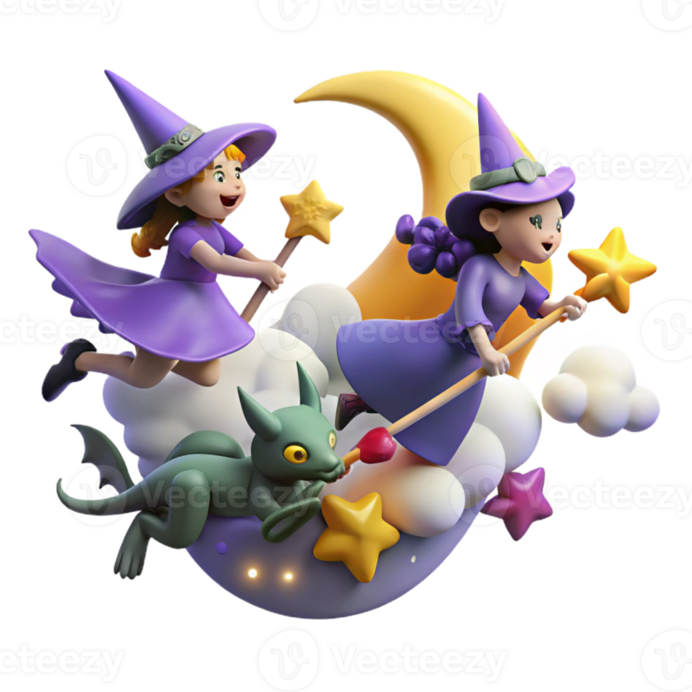 Cute Witches Flying on a Crescent Moon with Stars and a Dragon png
