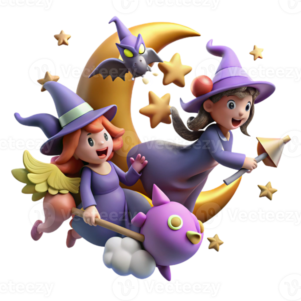 Cute Witches Flying on a Crescent Moon with Stars png