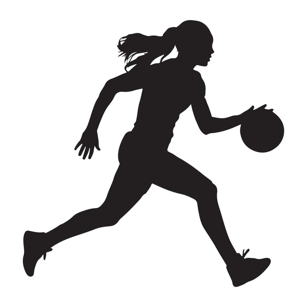 A silhouette of a woman running with a basketball vector