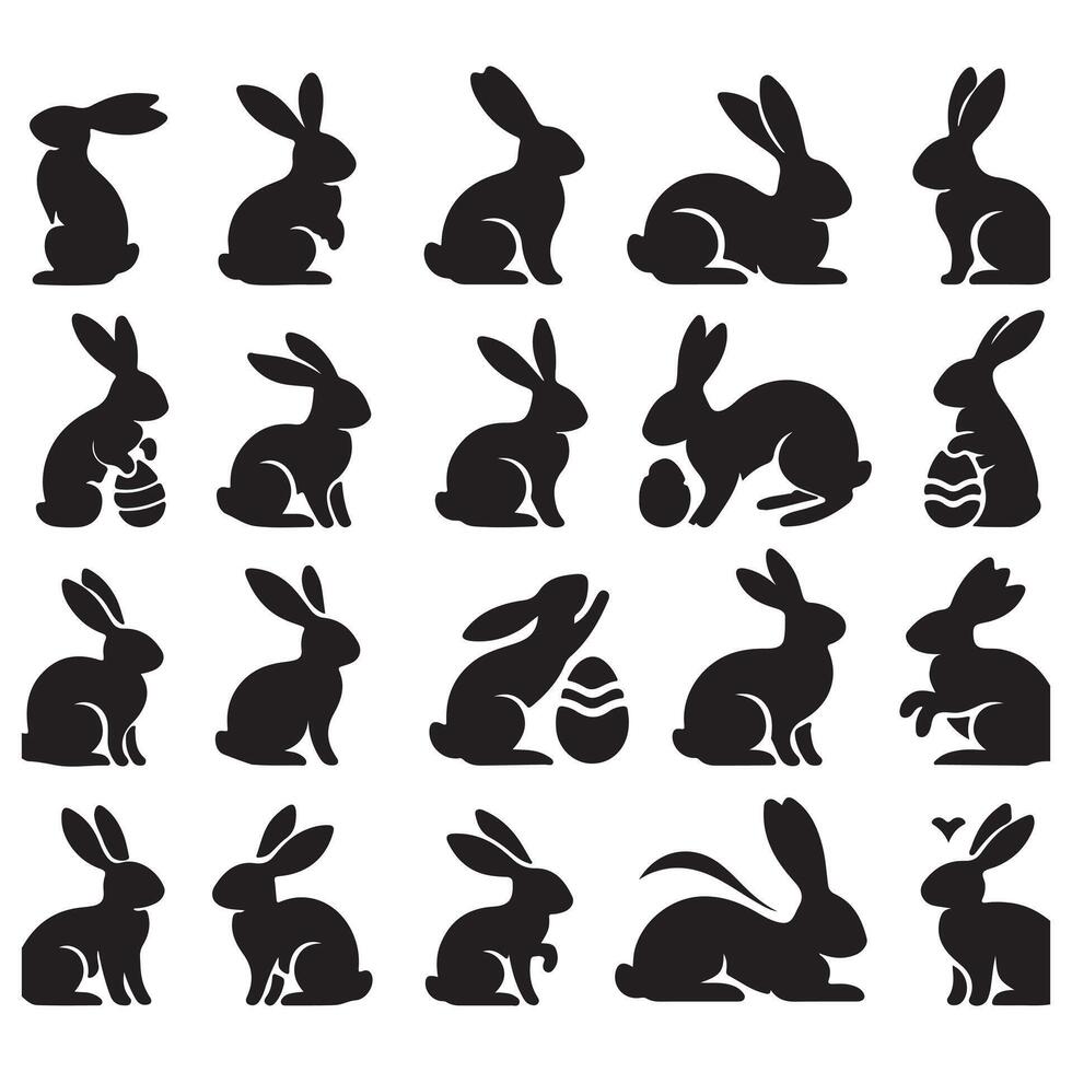 Set of black silhouettes of rabbits and eggs vector