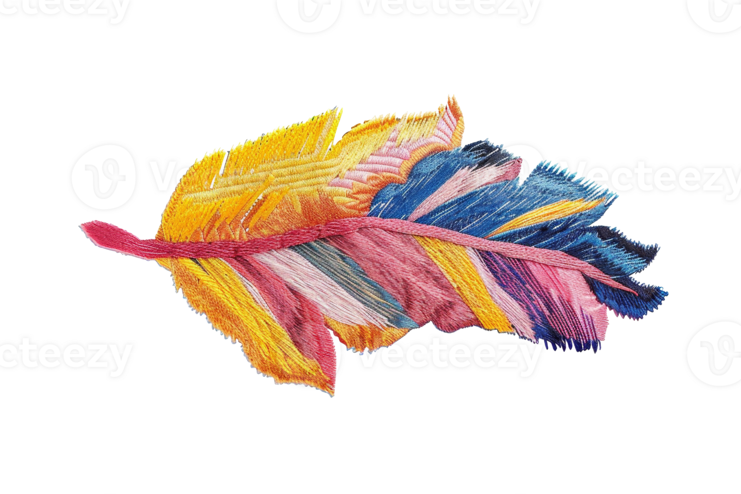 Close-up of a vibrant, multicolored feather with intricate details on a transparent background. showcasing a blend of pink, yellow, and blue hues. png