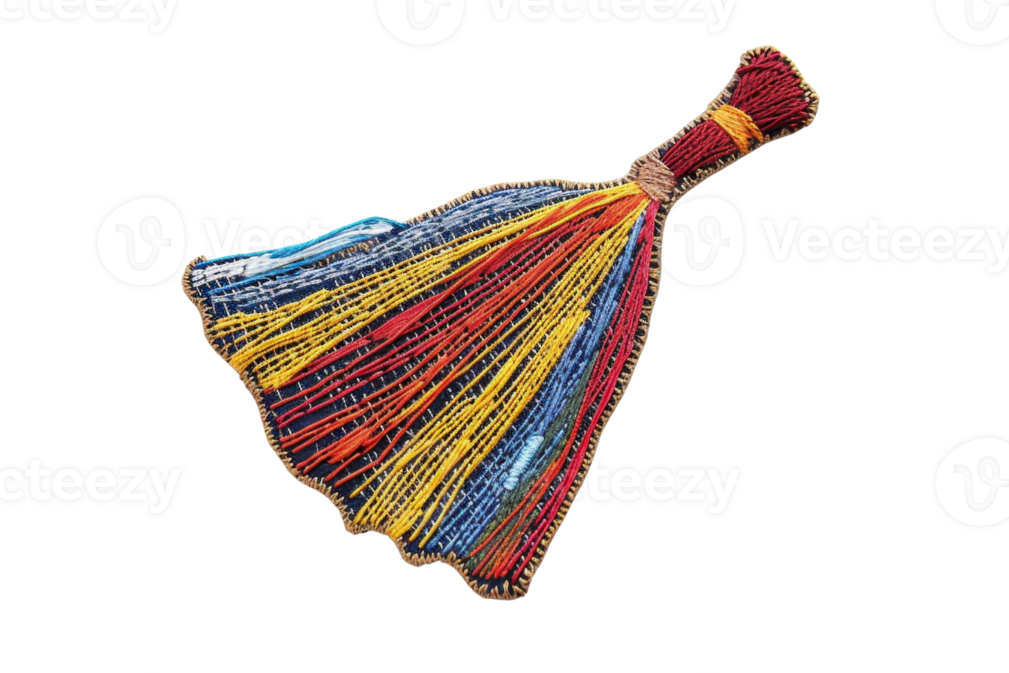 Colorful handmade broom with intricate patterns, crafted with multi-colored threads. Unique traditional decor or functional cleaning tool. png