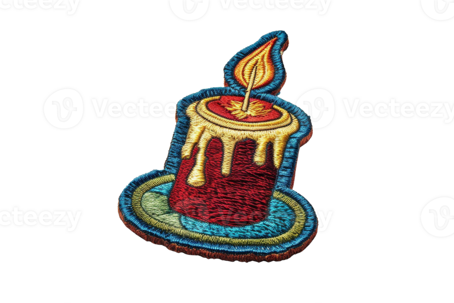 Embroidered colorful patch of a burning candle on a saucer, ideal for enhancing clothing or accessories with a unique, artistic touch. png