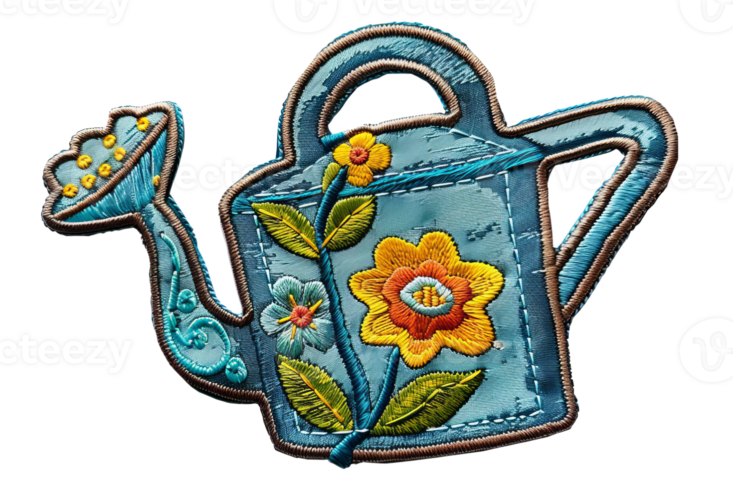 Colorful embroidered watering can design with flowers and leaves, perfect for gardening and craft projects. png