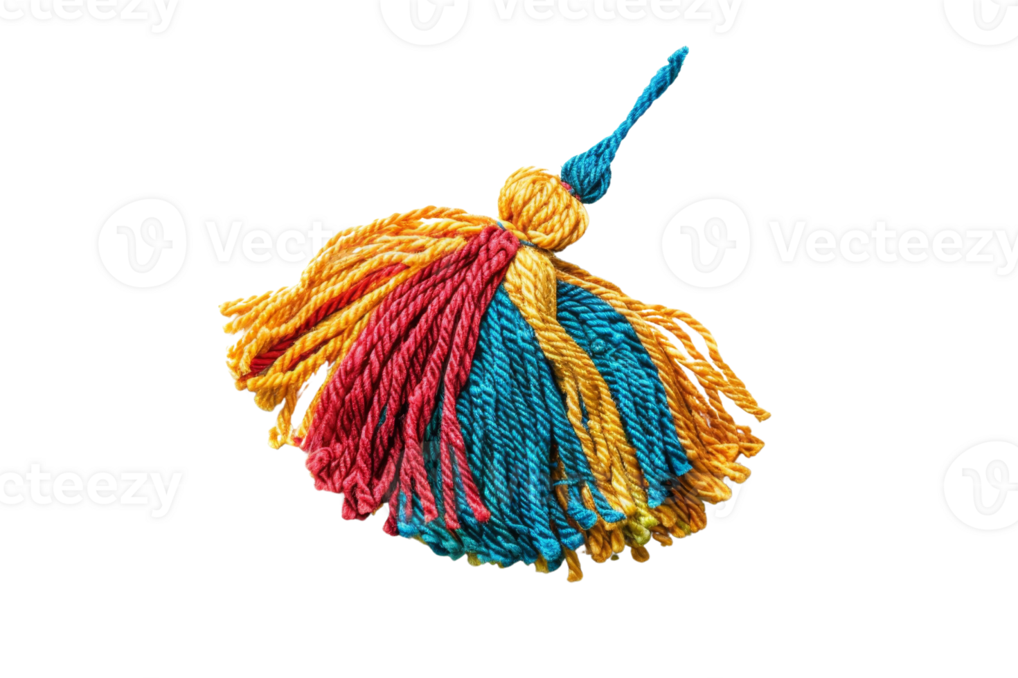 Close-up of a colorful handmade yarn tassel with red, blue, and yellow threads. Perfect for crafts, decorations, or accessory designs. png