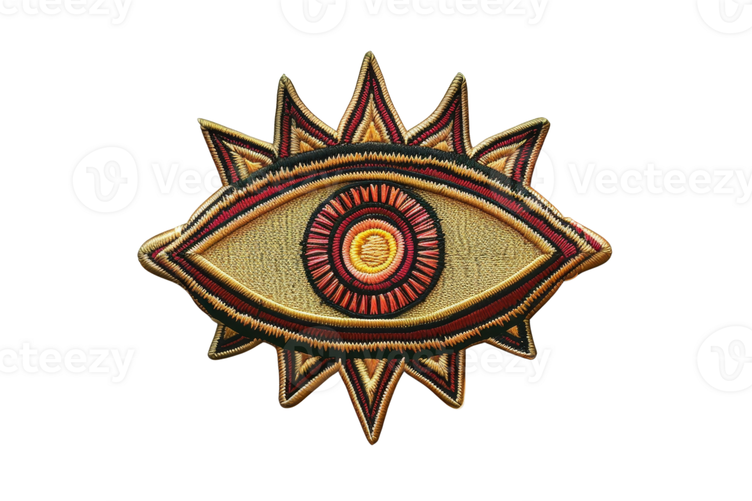 Colorful abstract sun eye patch with intricate embroidery, perfect for adding unique and artistic flair to clothing, accessories, or craft projects. png