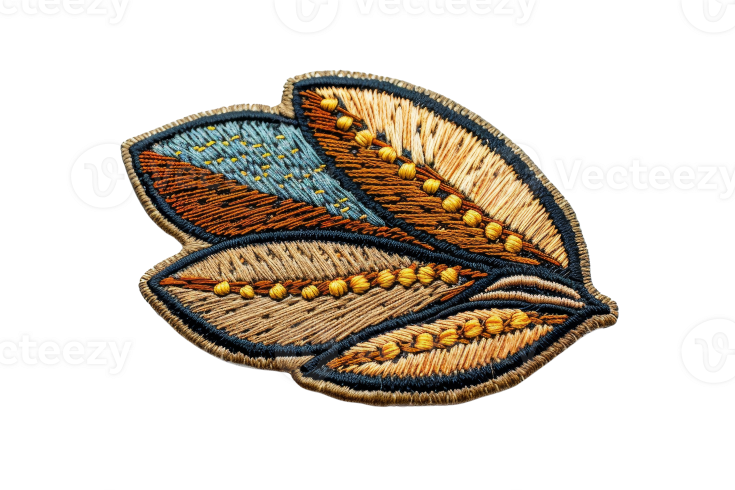 Colorful embroidered patch with leaf design, capturing intricate details on a transparent background. Ideal for customization and craft projects. png