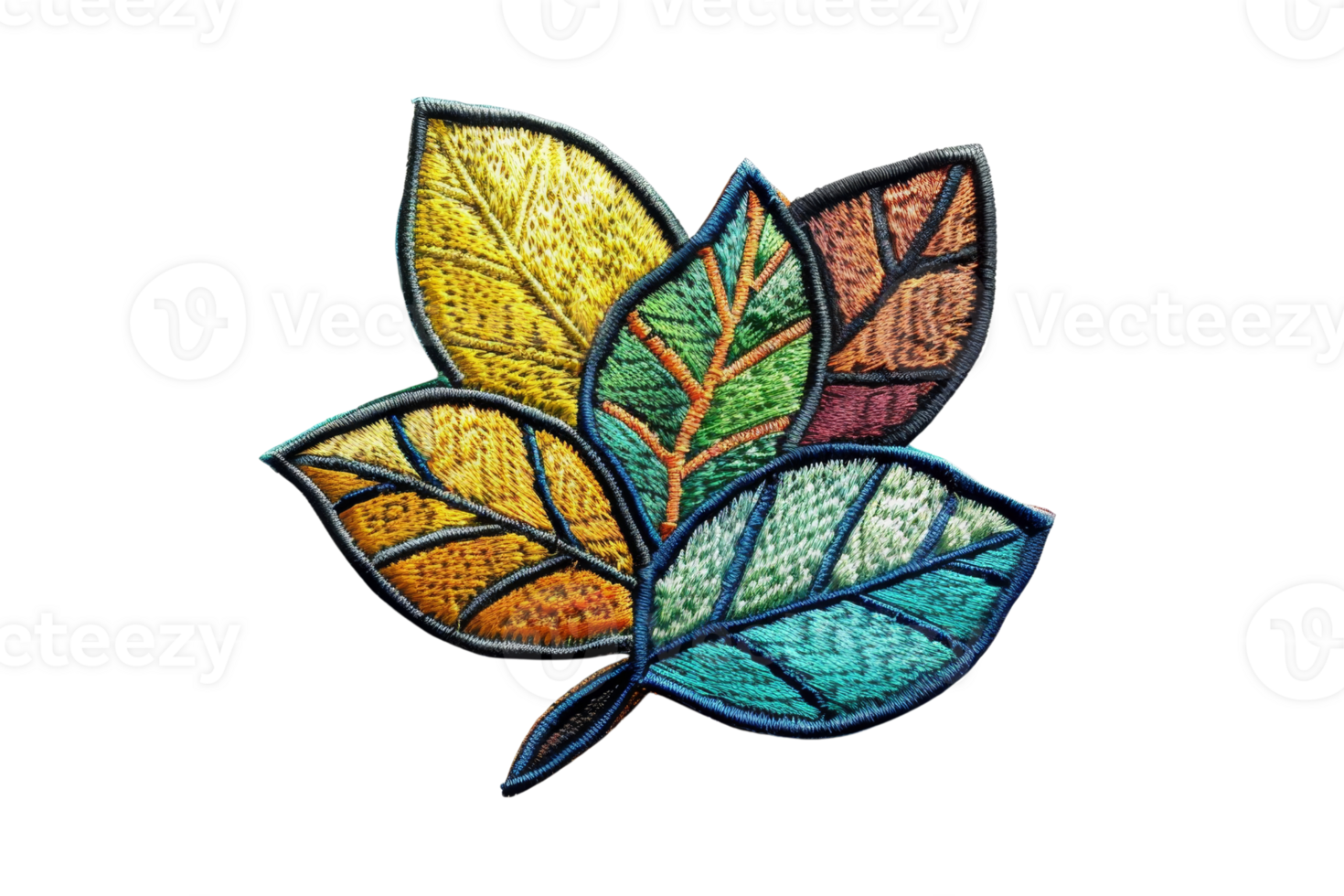 Colorful embroidered leaves with intricate texture and autumn theme, isolated on white. Perfect for crafts, design, and seasonal decoration. png
