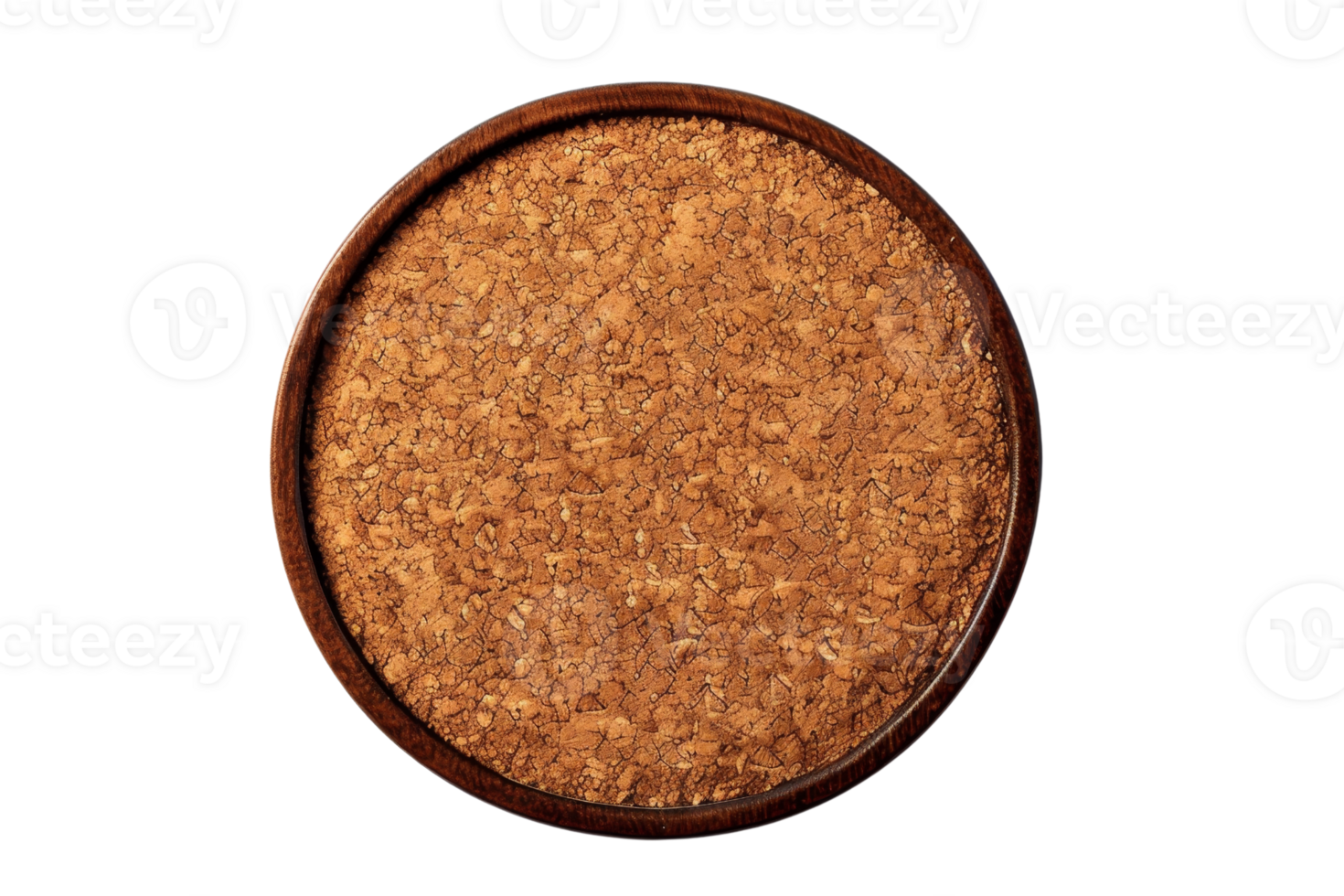 Top view of a circular cork coaster in a wooden frame, isolated on a transparent background. ideal for dining or kitchen decor purposes. png