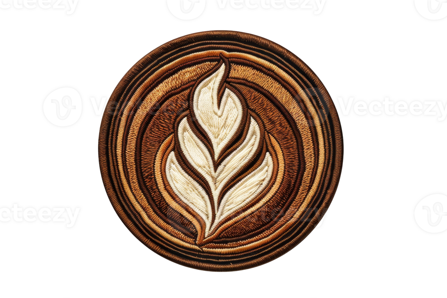 Intricate coffee latte art in a circular pattern with brown and white hues, resembling a leaf design. Perfect for coffee culture and art lovers. png