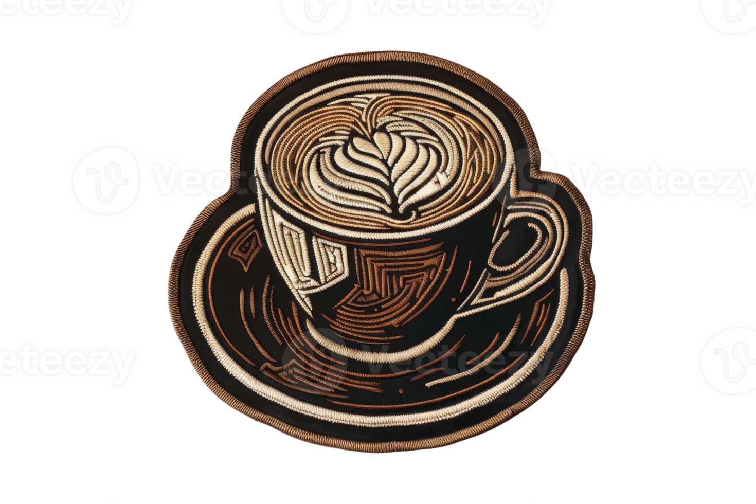 Artistic coffee cup illustration with intricate design, featuring a latte with heart foam art on a saucer, isolated on transparent background. png