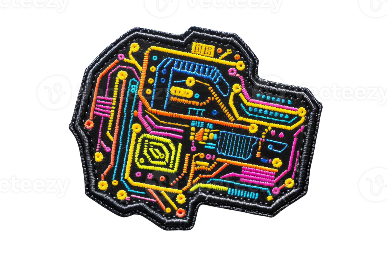Colorful embroidered patch of a circuit board design, depicting vibrant technological connections and components in a modern pattern. png