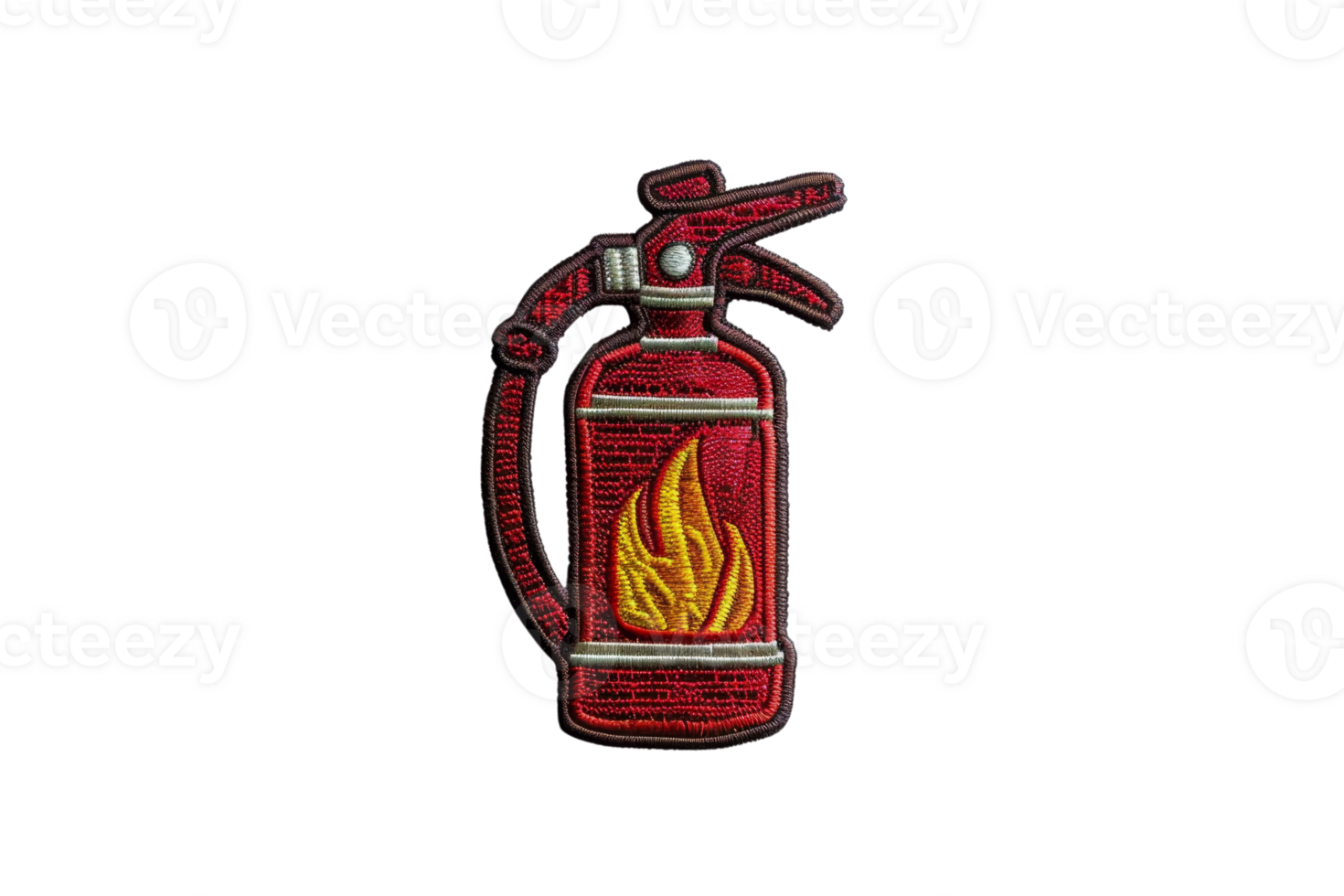 A detailed illustration of a red fire extinguisher with flames depicted on the front, isolated on a transparent background. png
