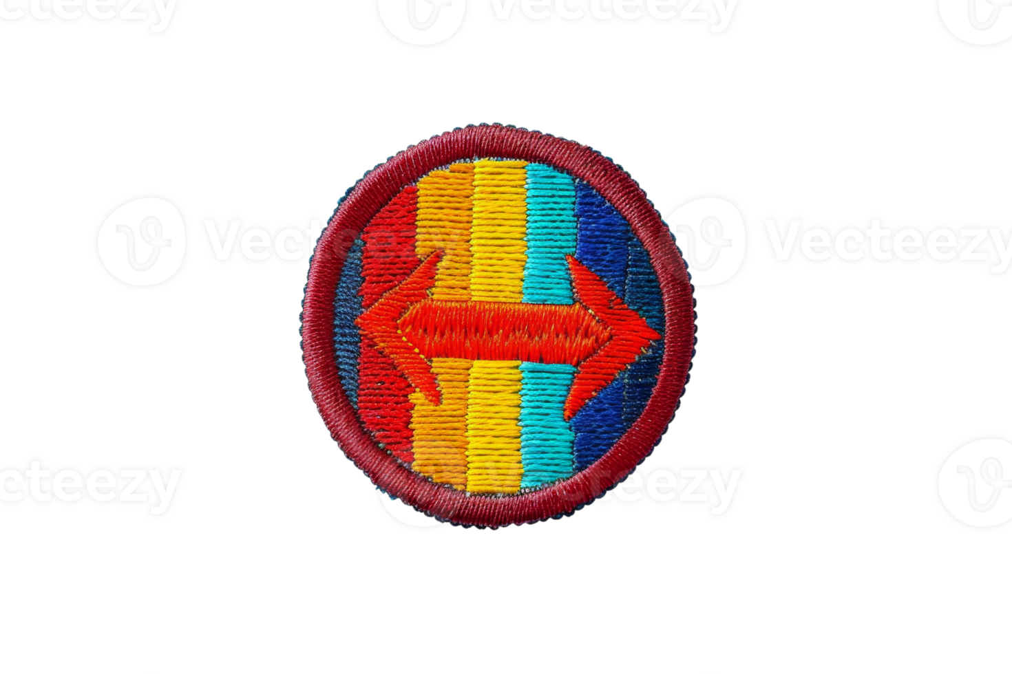 uma circular bordado fragmento com negrito cores e vermelho Setas; flechas apontando ambos instruções em uma azul e laranja listrado fundo. png