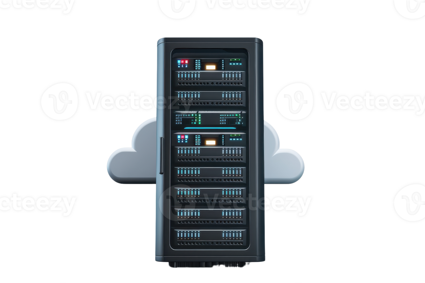 A high-quality image depicting a server rack with cloud computing technology, representing data storage, networking, and digital infrastructure. png