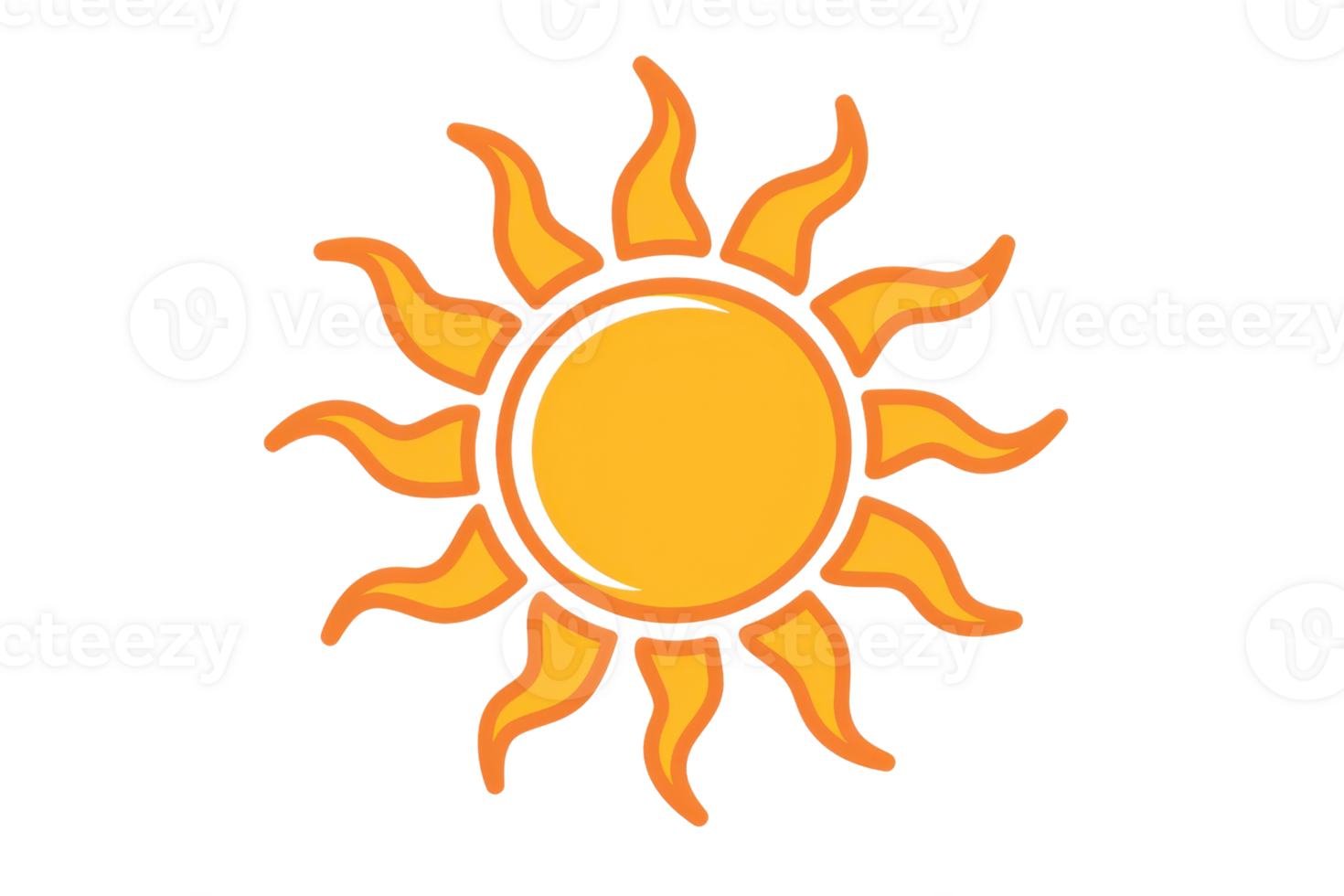 Bright and vibrant sun illustration with wavy rays, perfect for summer and weather-related themes. Ideal for design projects and decorations. png