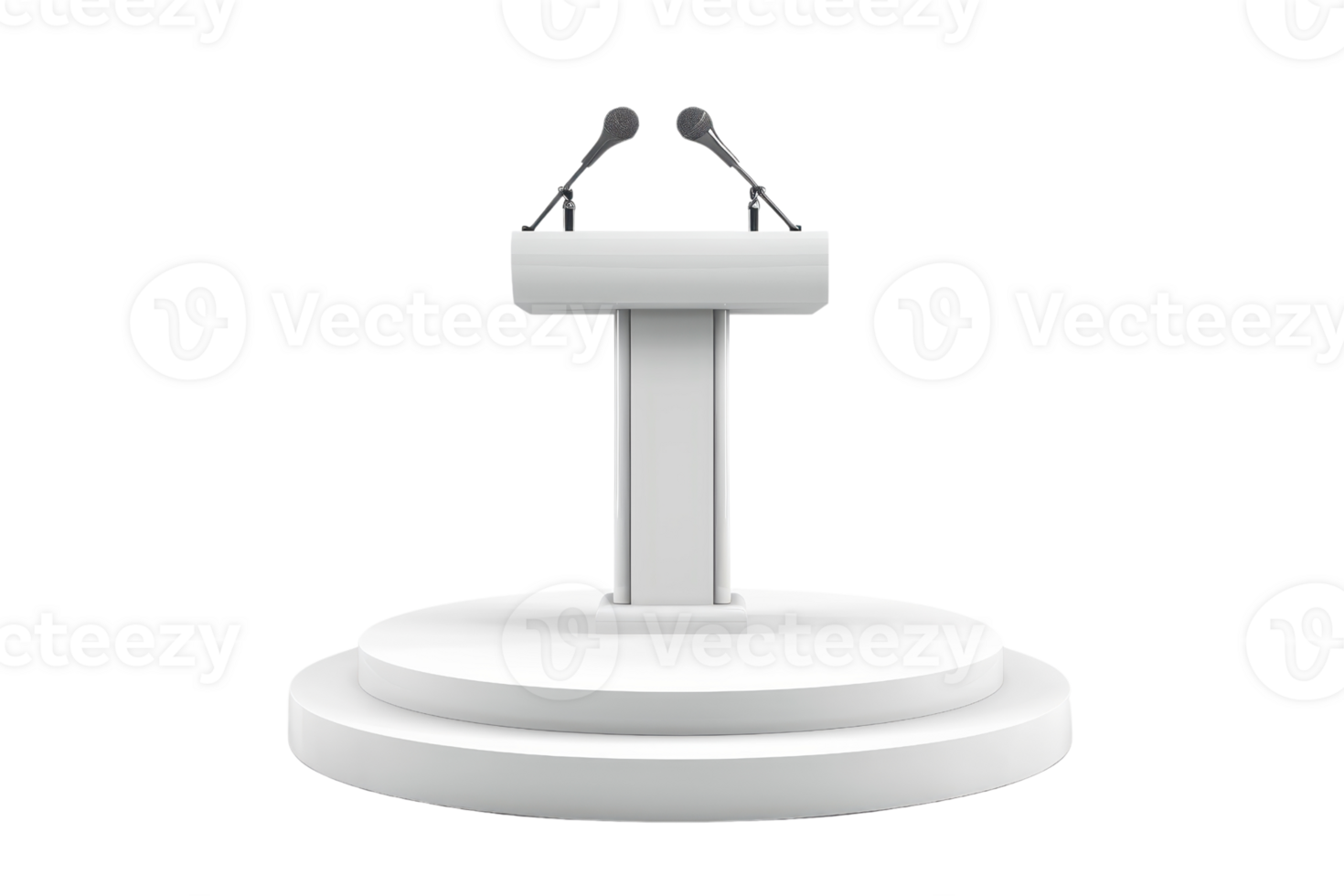 Empty white podium with two microphones, ready for a speech or presentation, isolated on a transparent background. png