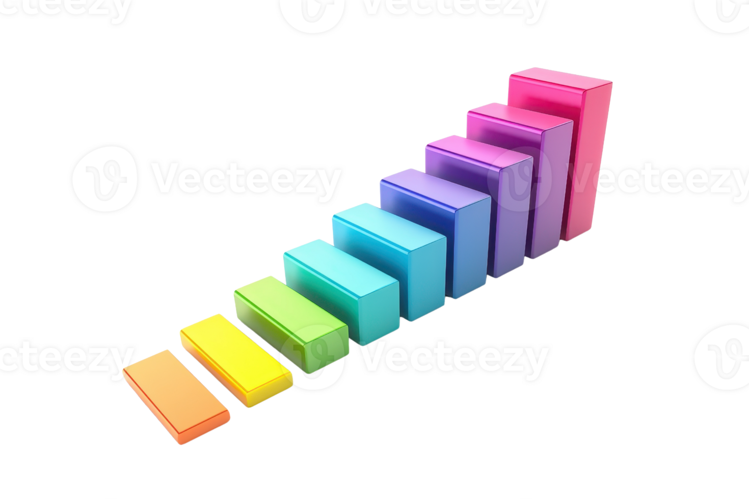 Colorful 3D bar chart in rainbow gradient representing data growth and progress. Ideal for business analytics and statistical presentations. png