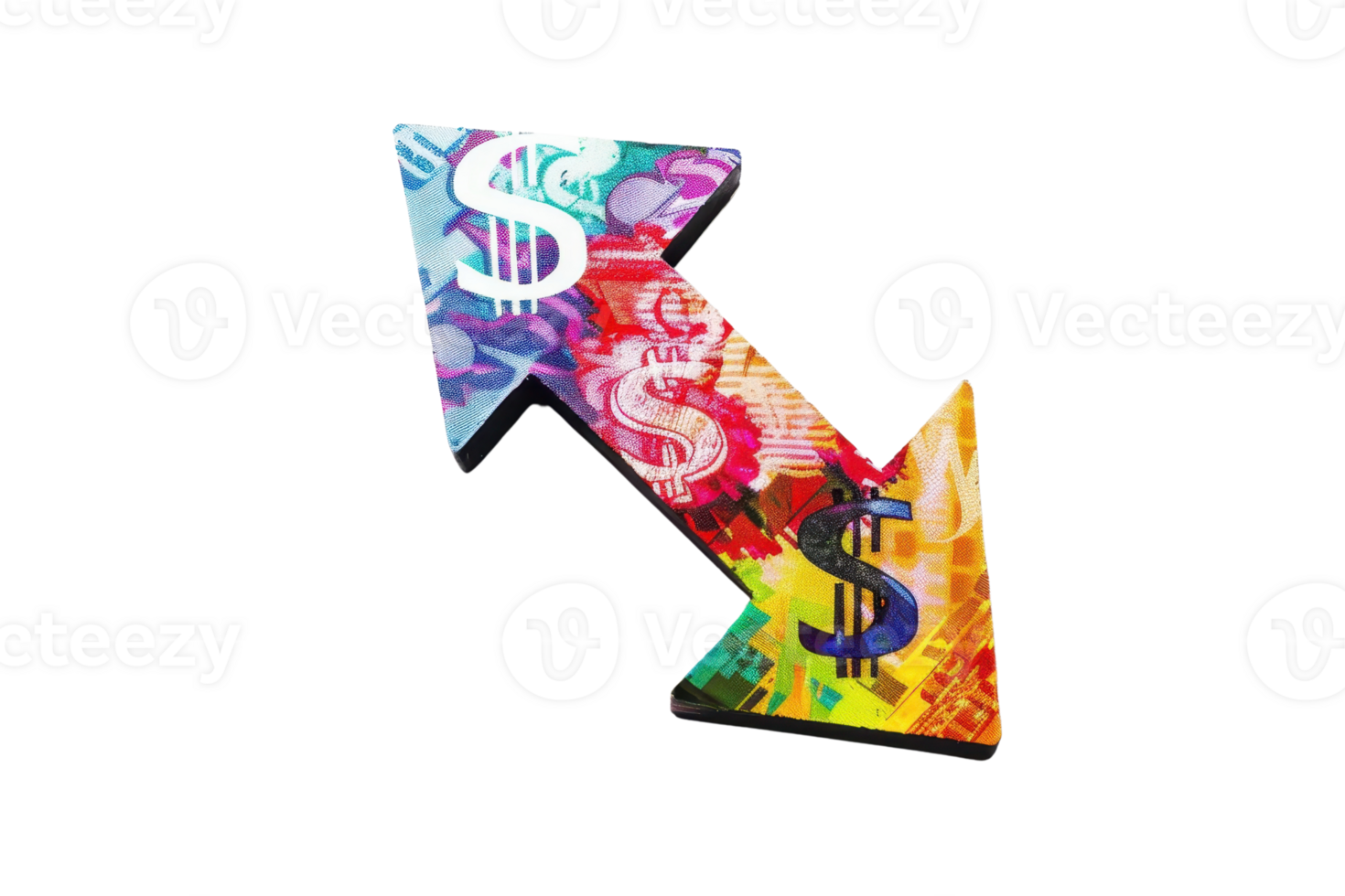 Colorful arrows pointing up and down with dollar symbols, representing financial trends, investment, and economic analysis. png