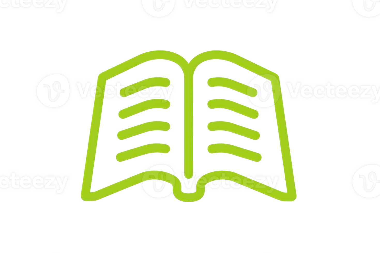 Green outline of an open book icon symbolizing education, learning, reading, knowledge, and literacy on a transparent background. png