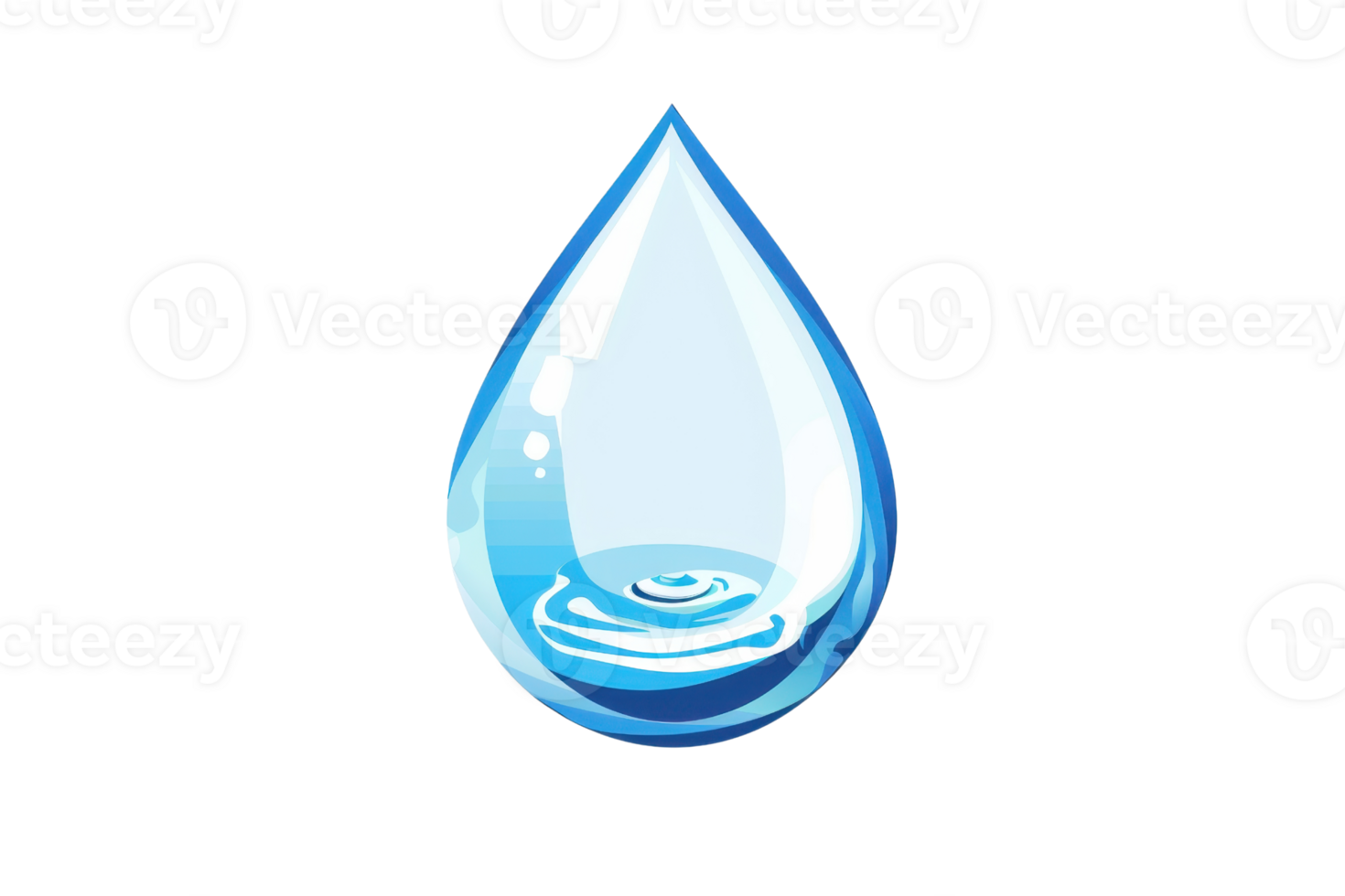 Illustration of a single blue water droplet with reflections and a ripple effect at the base, symbolizing purity and simplicity. png