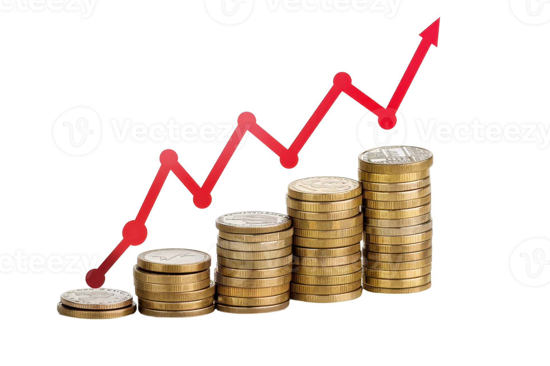 Growing stack of golden coins with ascending red arrow indicating