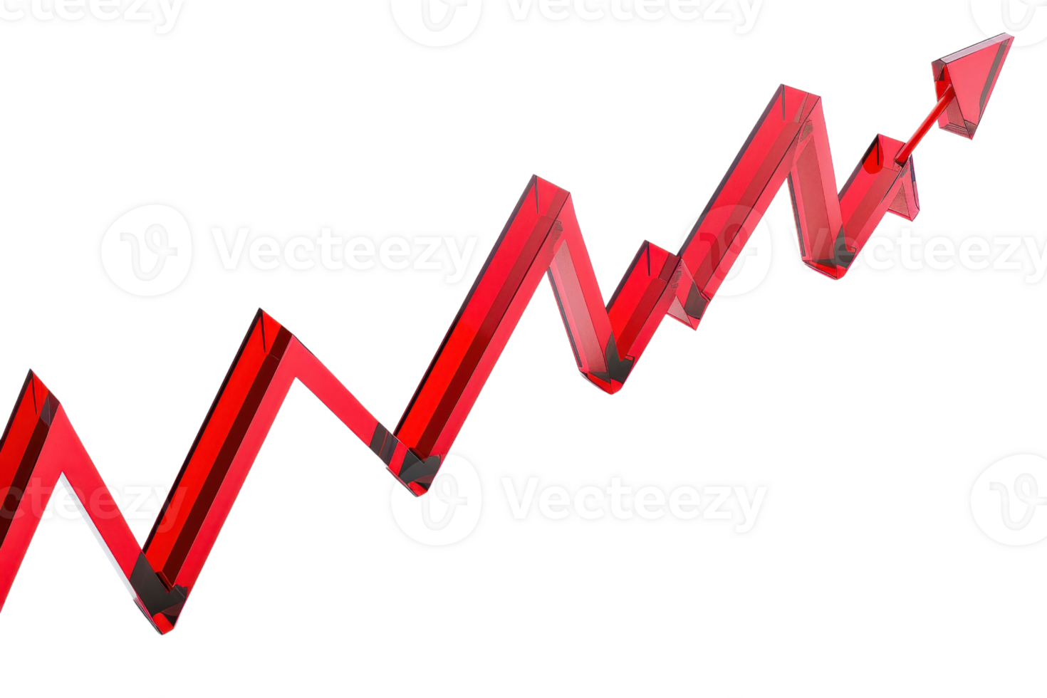 Red zigzag rising arrow representing positive growth and upward trend in business, finance, or success isolated on transparent background. png