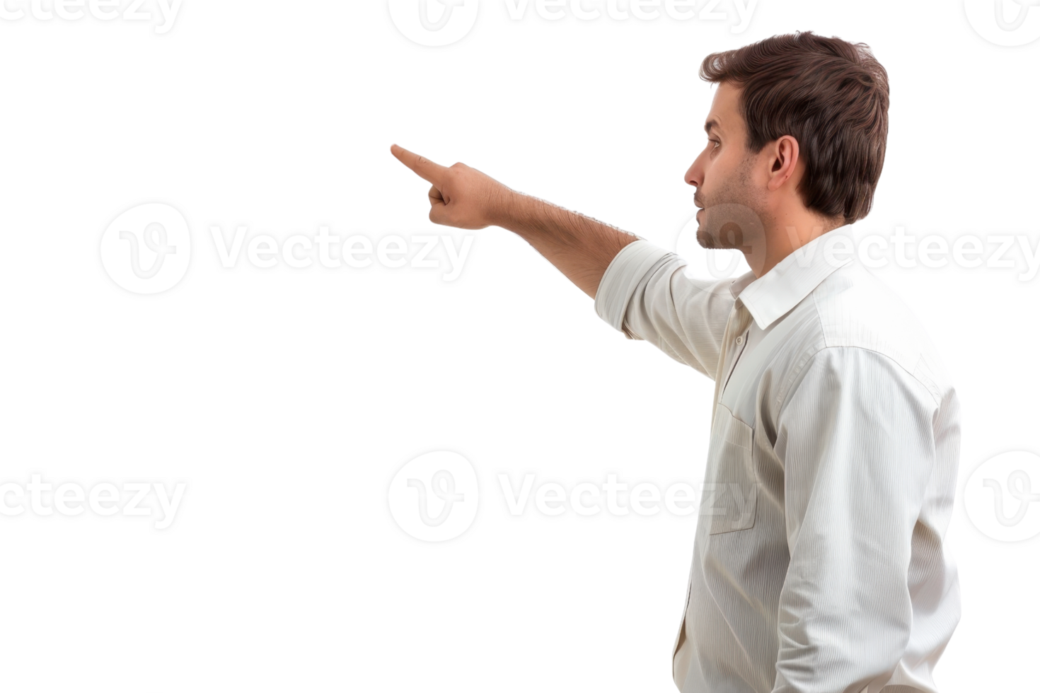 Side view of a man in a white shirt pointing with his index finger. Isolated on transparent background. Concept of direction and guidance. png