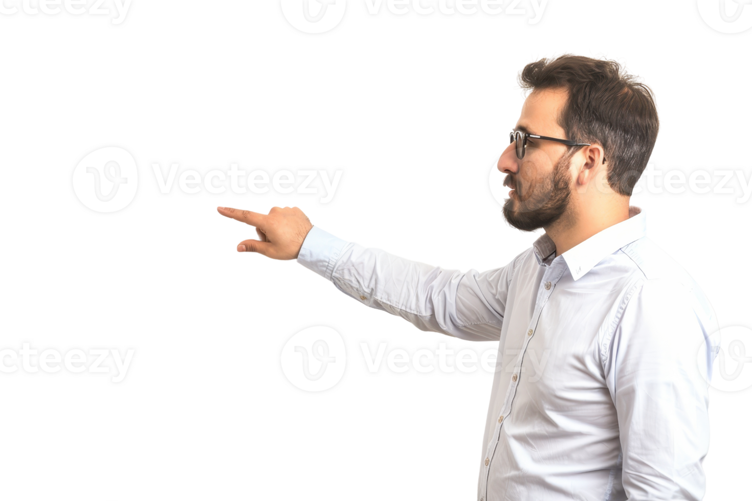 Young bearded man wearing glasses and white shirt, extending arm, gesturing or pointing, isolated on transparent background. png
