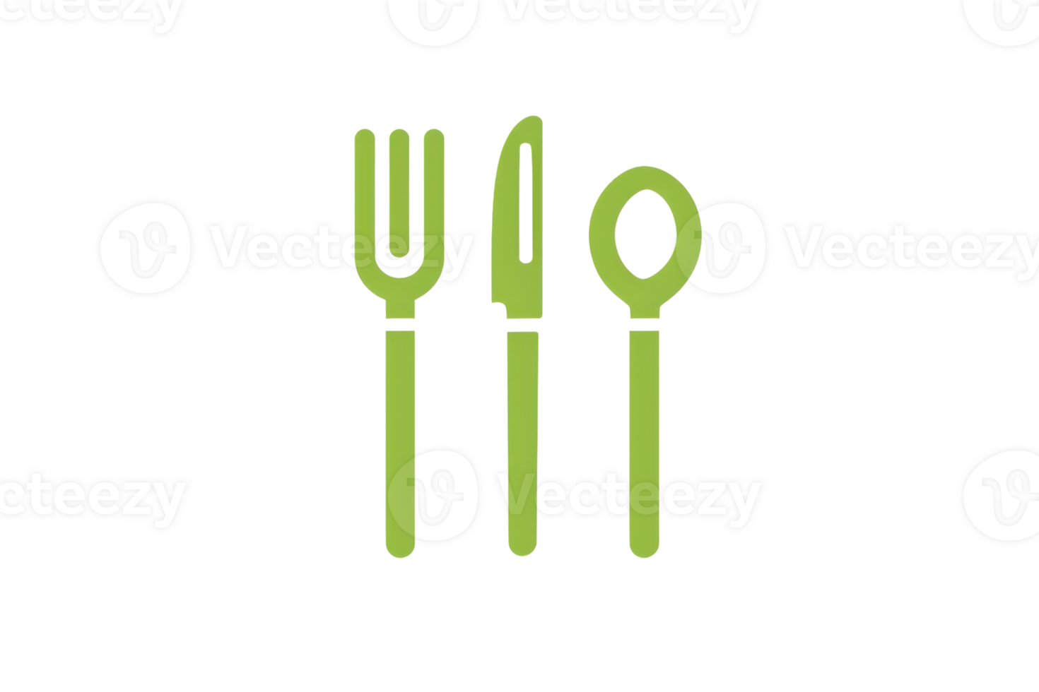 Green illustration of a fork, knife, and spoon. Minimalist design ideal for culinary apps, websites, and food-related projects. png
