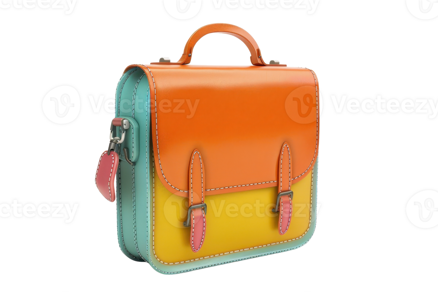 A stylish, multicolored leather satchel with an orange, yellow, and teal design, perfect for carrying essentials with a touch of vibrant flair. png