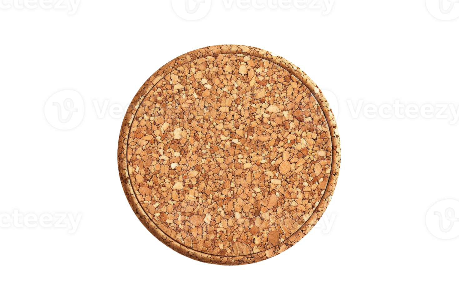 A top view of a textured, round cork coaster isolated on a transparent background. perfect for protecting surfaces from drink stains. png