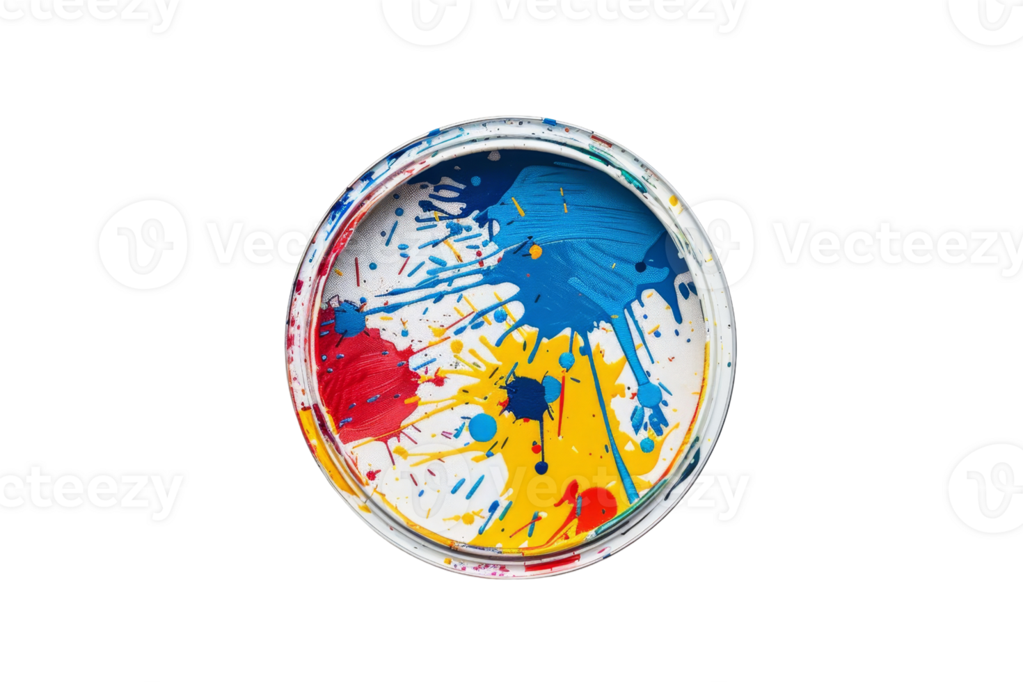 A vibrant display of multicolored paint splatters inside a paint can, captured from above against a transparent background. png