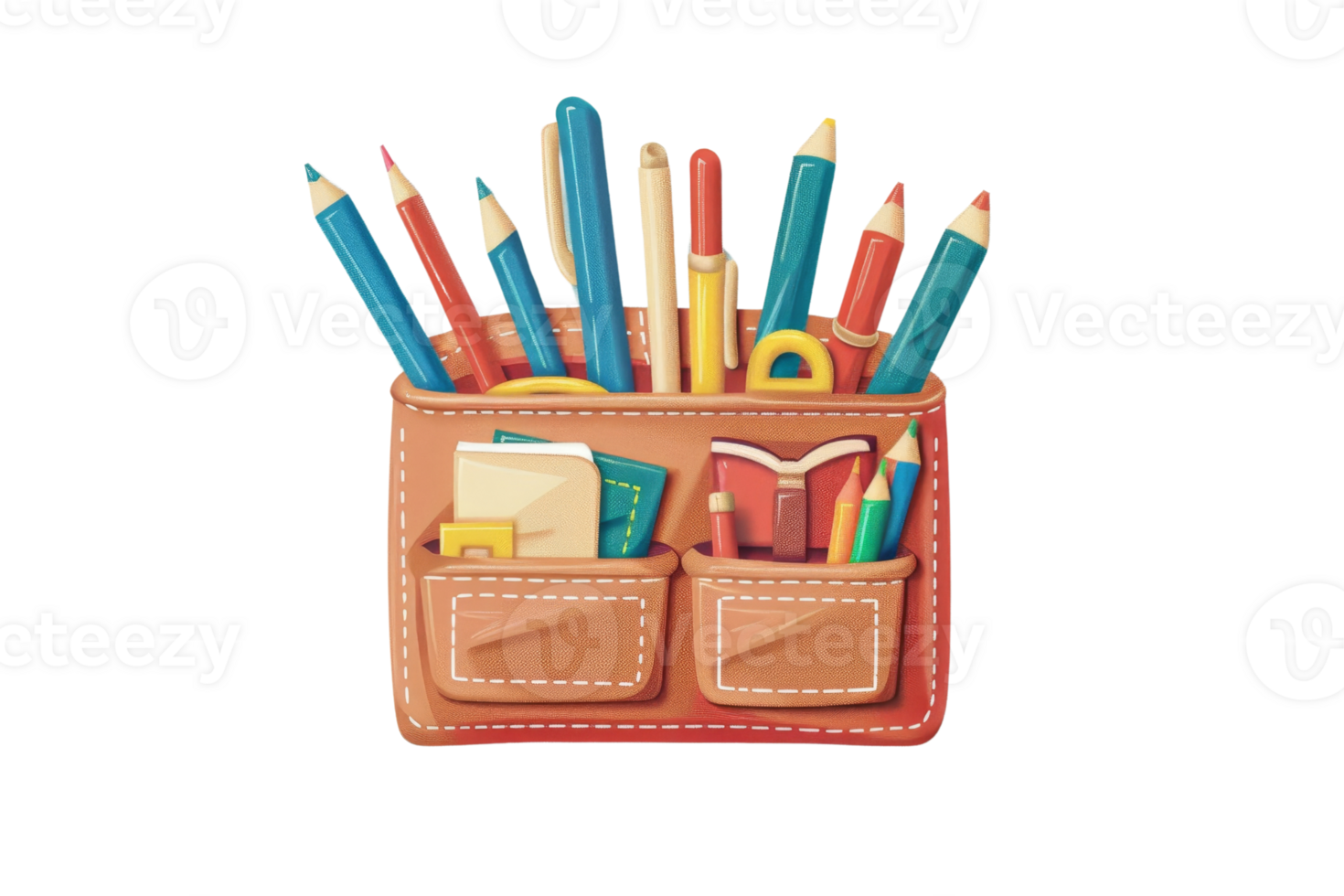 A colorful stationery set organized in a brown leather pouch with various pencils and books, perfect for office or school supplies. png