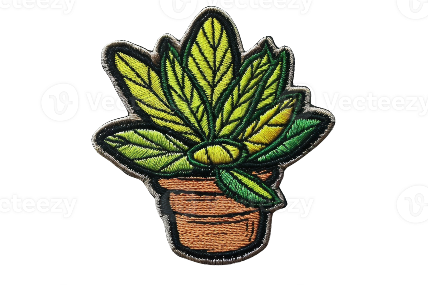 A vibrant embroidered patch of a potted green plant with detailed leaves, perfect for clothing and accessory customization. png
