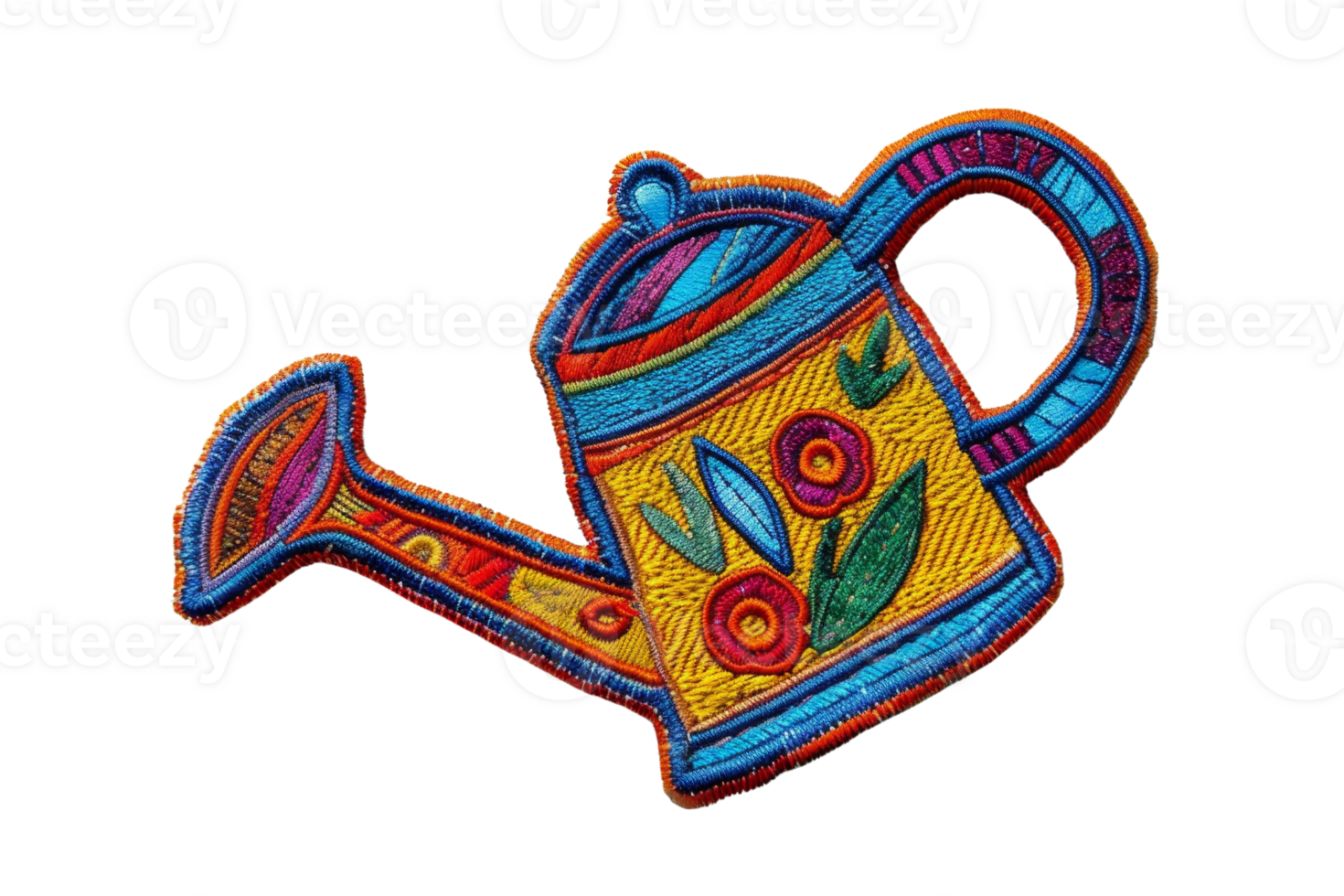 A vibrant, embroidered patch of a watering can with colorful floral patterns, perfect for decoration or crafts. png