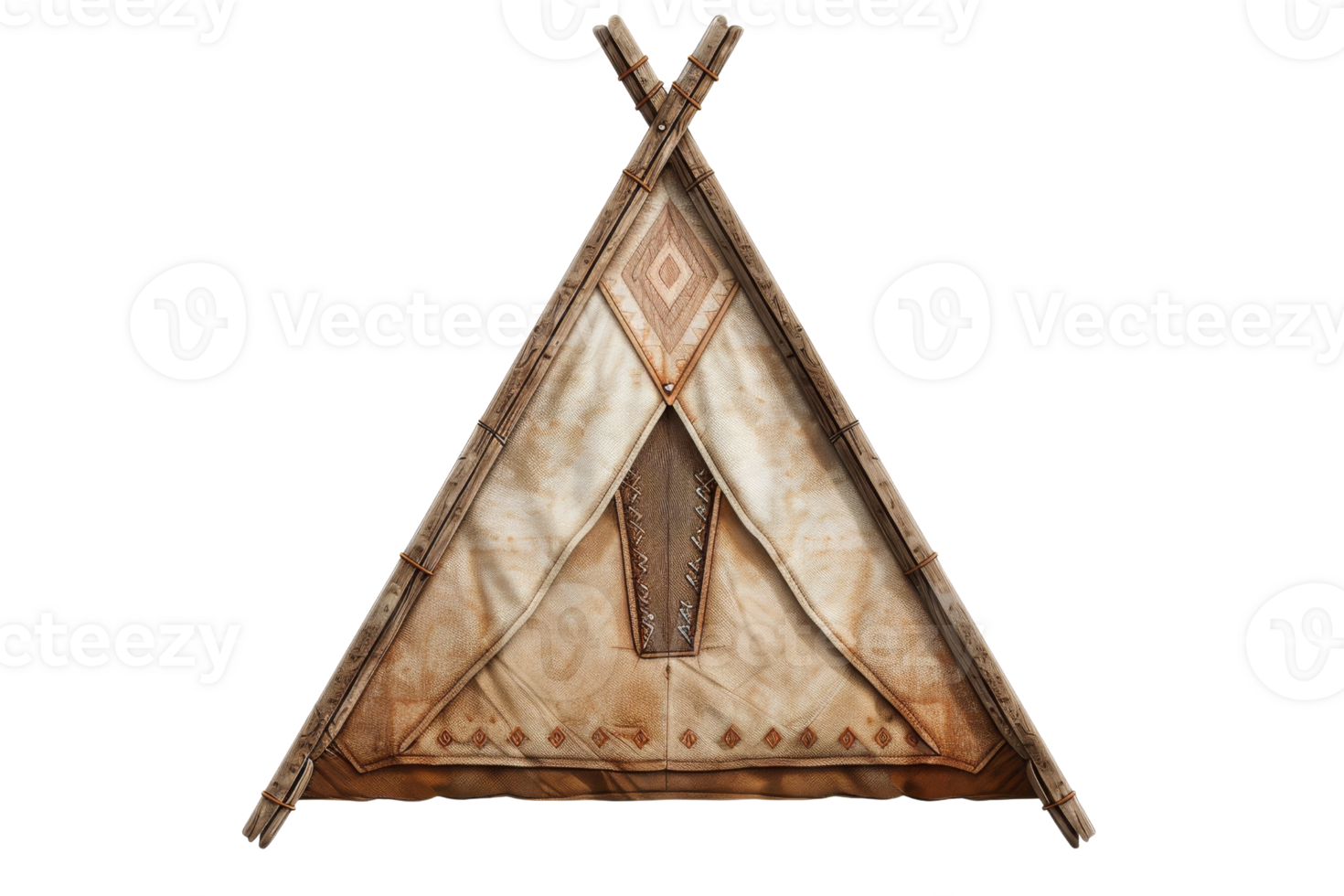 A detailed close-up of a traditional triangular teepee with intricate patterns and a rustic appearance, perfect for outdoor or cultural-themed uses. png