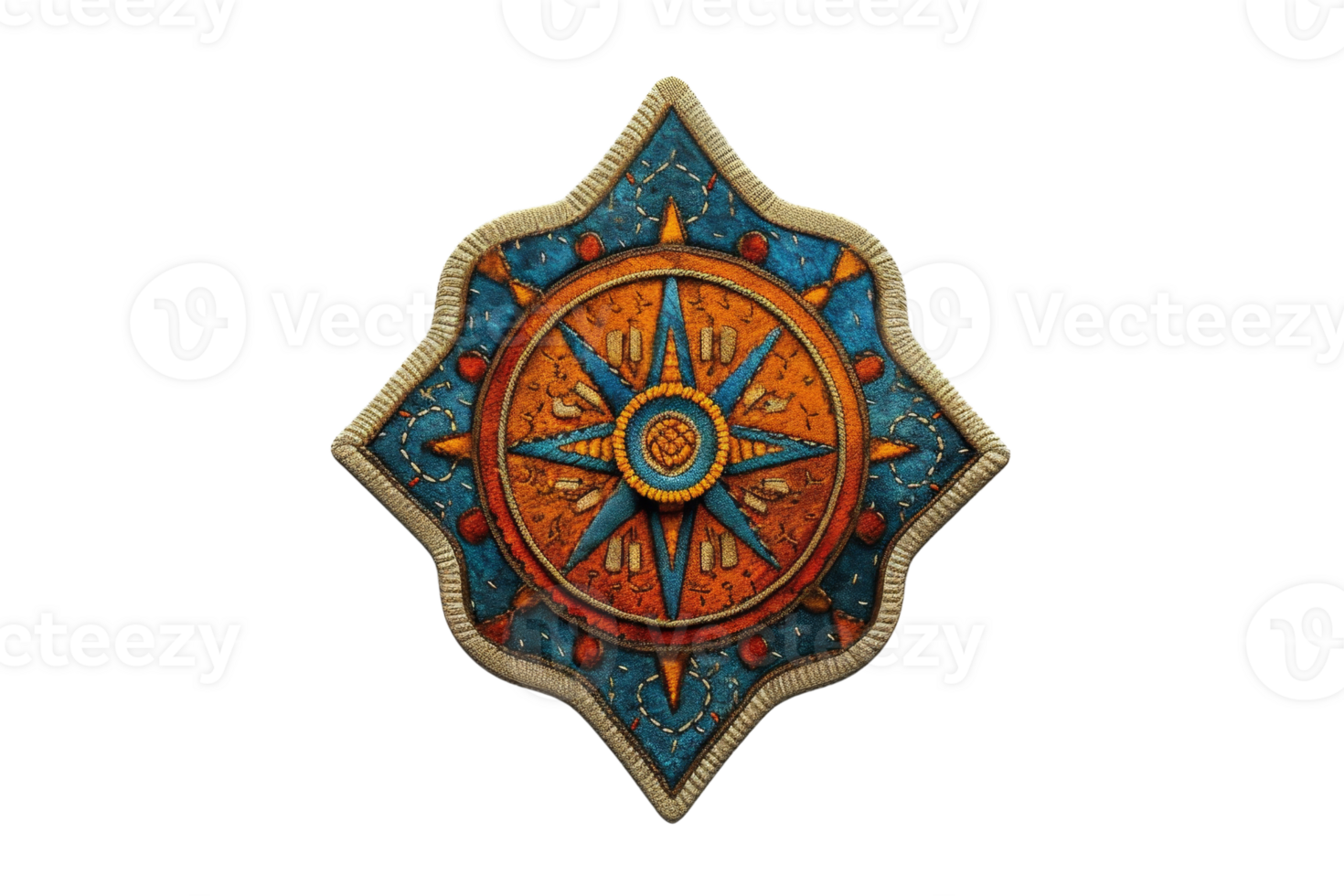 A detailed circular compass with intricate blue and orange designs, isolated on a transparent background. Perfect for navigation and adventure themes. png