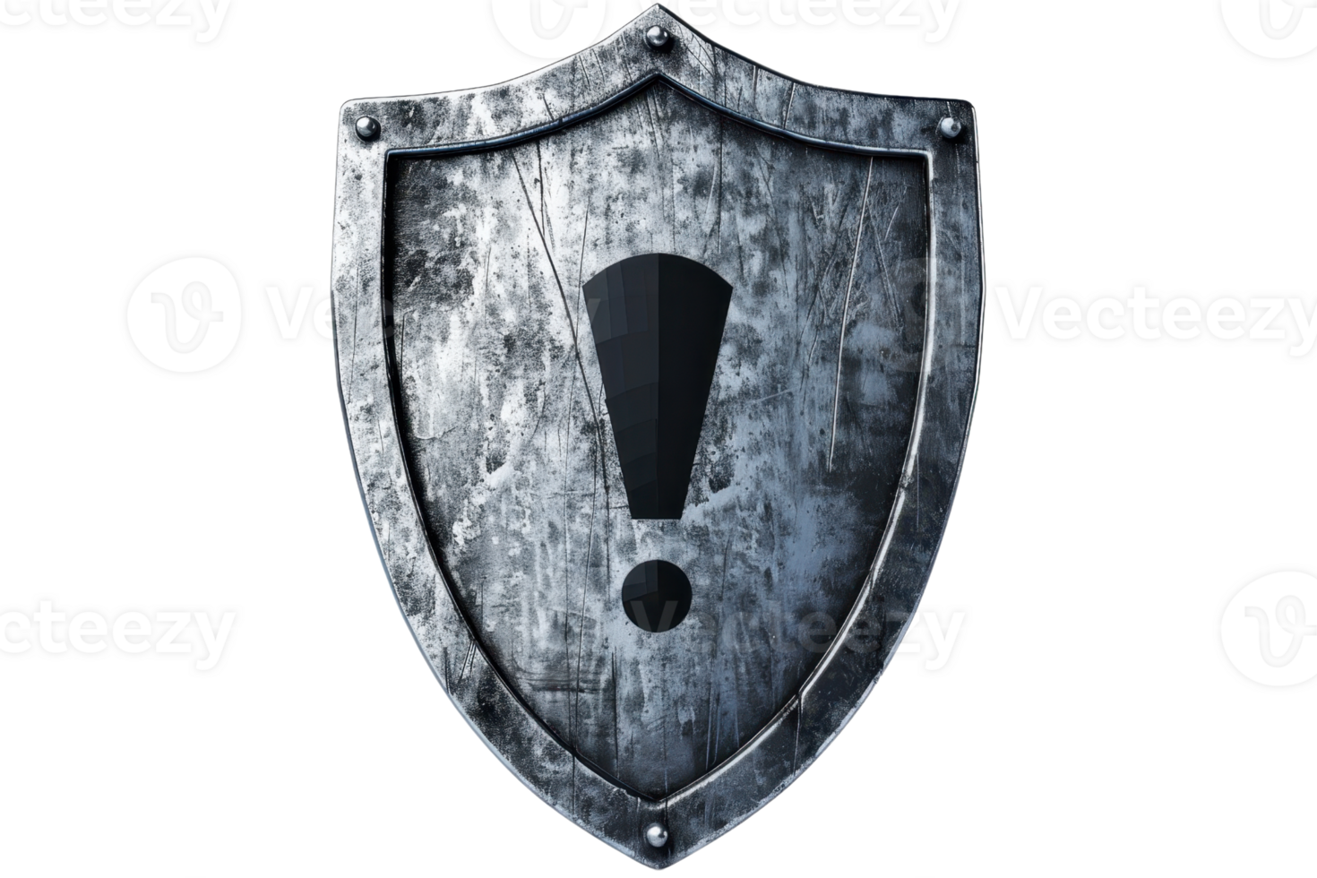 A weathered metallic shield with a black exclamation mark symbol, representing security and alertness. Ideal for defense or caution themes. png