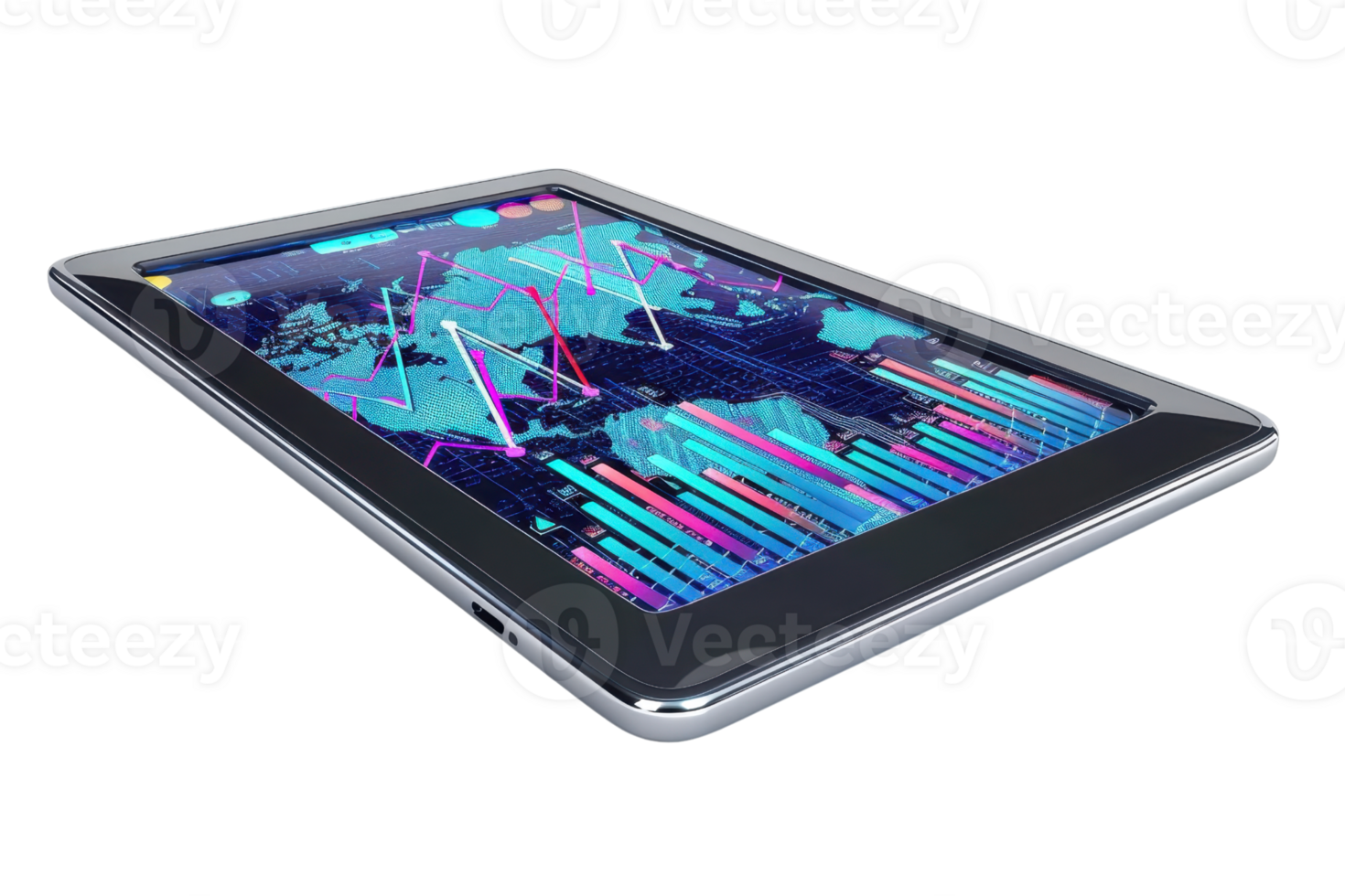 A modern tablet displaying financial graphs and data analytics, representing technology and business intelligence in a sleek design. png