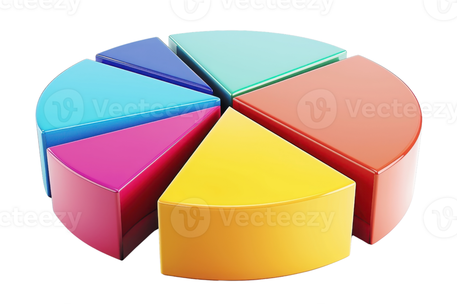 3D colorful pie chart with six segments, ideal for representing statistical data and business analytics in presentations and reports. png