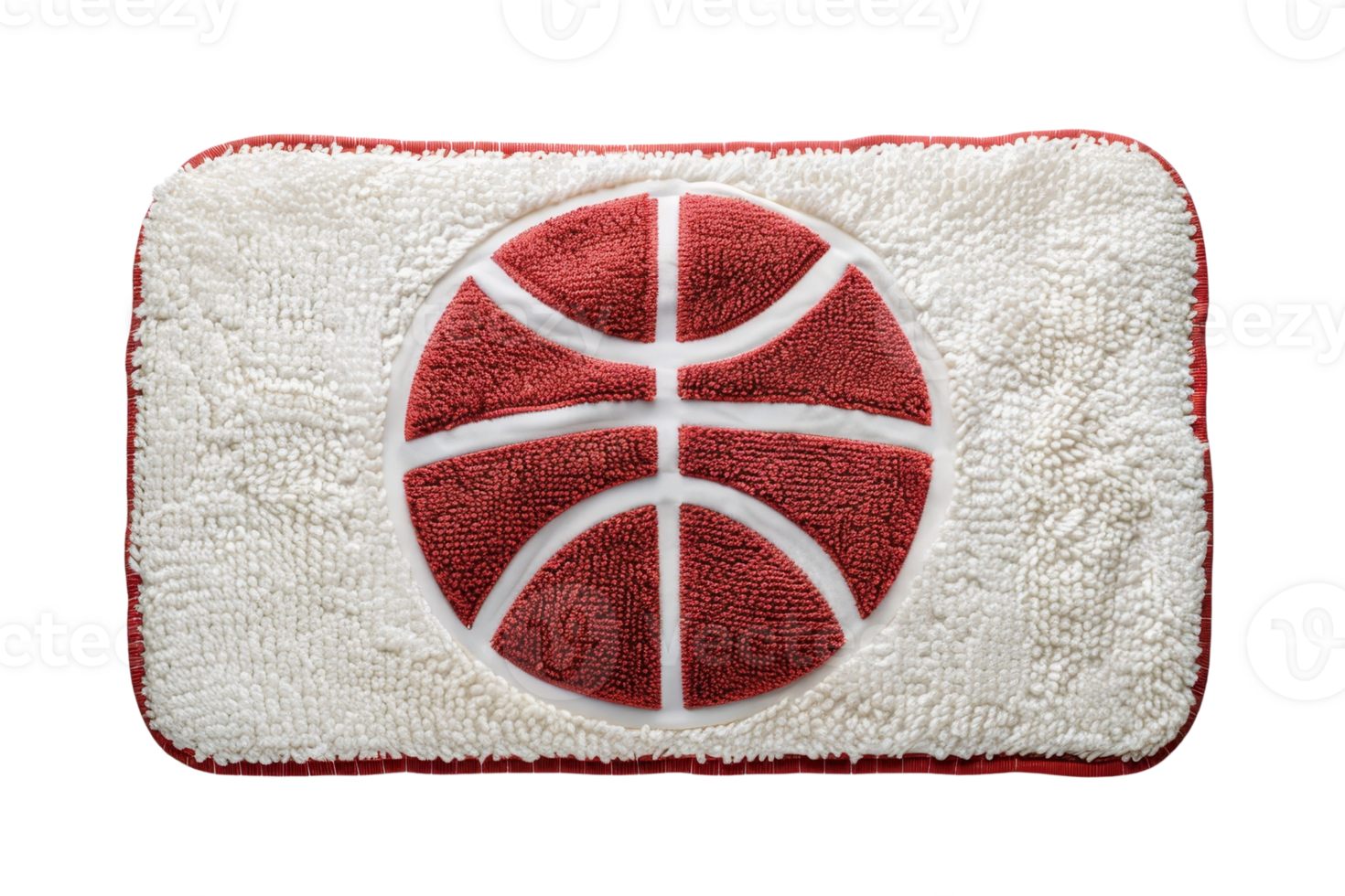 A rectangular white bath mat with a red basketball design in the center, isolated on a transparent background. perfect for sports enthusiasts. png